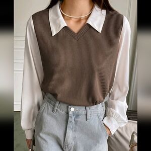 Brown Ribbed Sweater Vest Layered with White Dresss Shirt